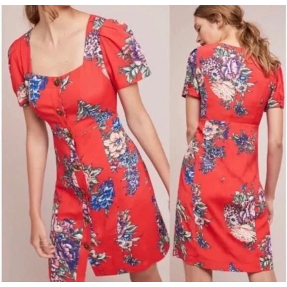 NEW Anthropologie Maeve Caldwell Dress 4/Small Red Floral Button Down Short Slv